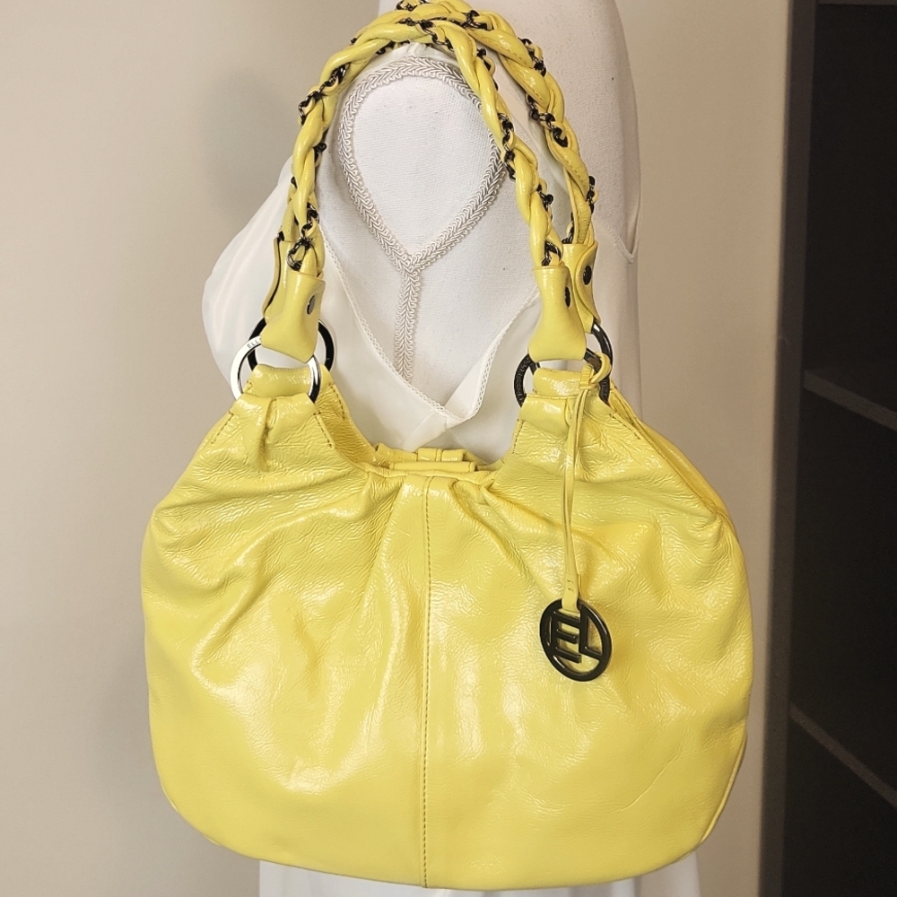 ELLIOTT LUCCA Yellow Cow Leather Braided Chain Strap Magnetic Closure Hobo Bag